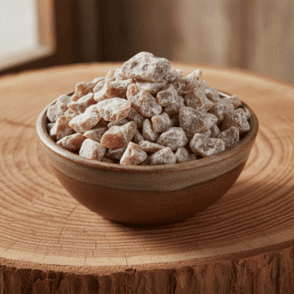 A rustic stoneware bowl of handcrafted Cedar incense, resting on a solid cross-section of a cedar log showing the age rings.