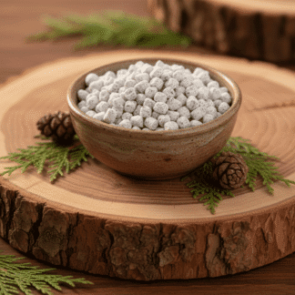 A stoneware bowl of Cedar incense on a cedar log cross-section, decorated with cedar leaves.