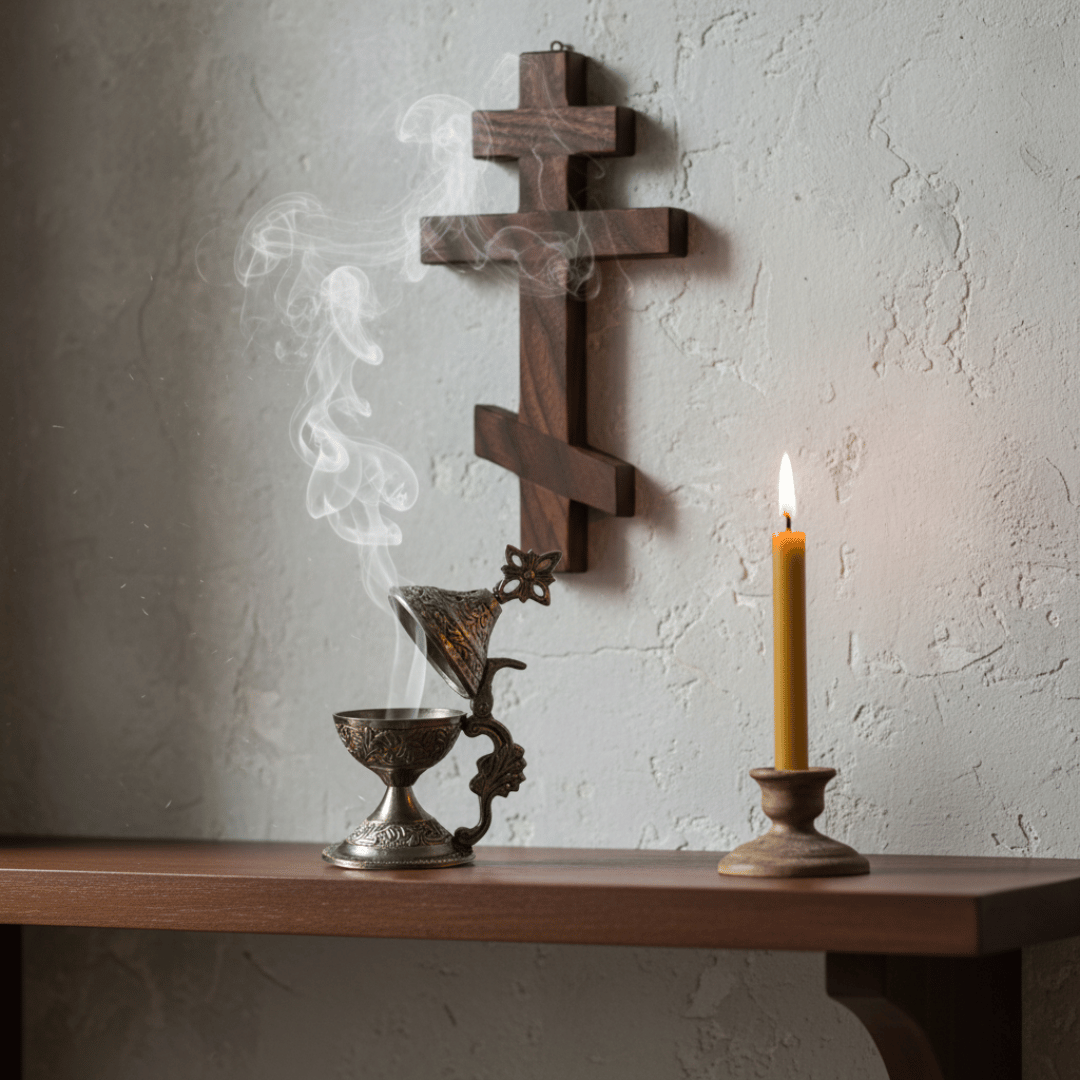 A shot of a dark bronze katzion gently smoking, censing a wooden cross in a candlelit prayer corner.
