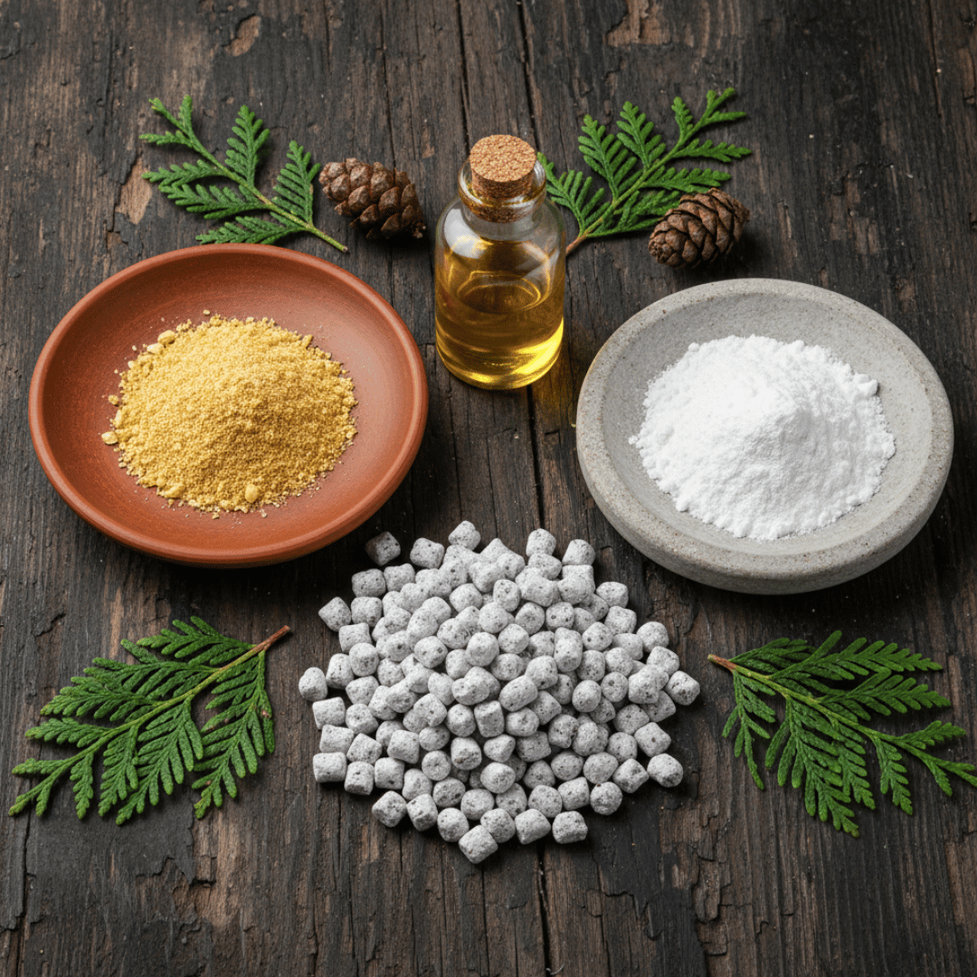 An authentic flat-lay showing the origins of Cedar incense: frankincense powder, magnesia, cedar essential oil, and a fresh cedar sprig on a dark wood surface.