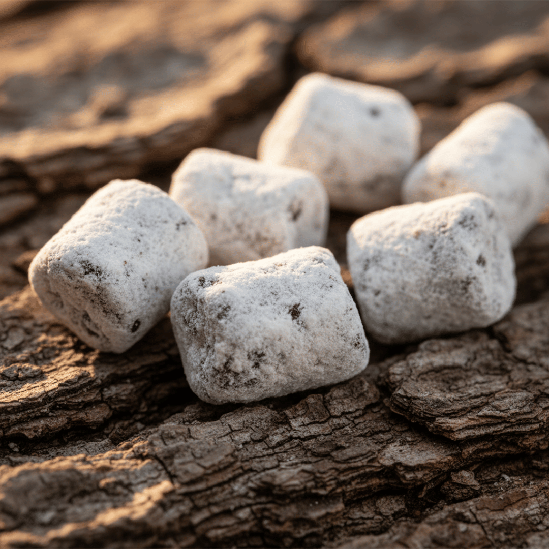 An extreme macro shot of hand-cut Cedar incense, showing its magnesia coating on the weathered bark of a cedar branch.