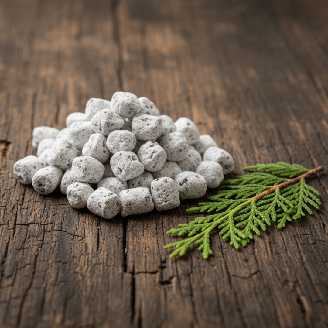 A tightly cropped shot showing the inspiration for Cypress incense: a pile of the finished product next to a fresh sprig of green cypress.