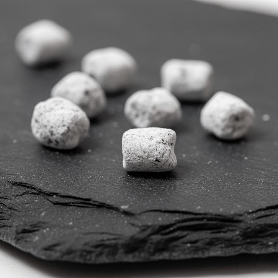An extreme macro shot of hand-cut Cypress incense, showing its magnesia coating on a dark slate surface.