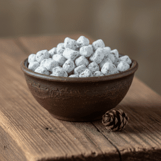A tightly cropped shot of a rustic clay bowl of handcrafted Cypress incense, resting on a weathered wood plank with a dried cypress cone.