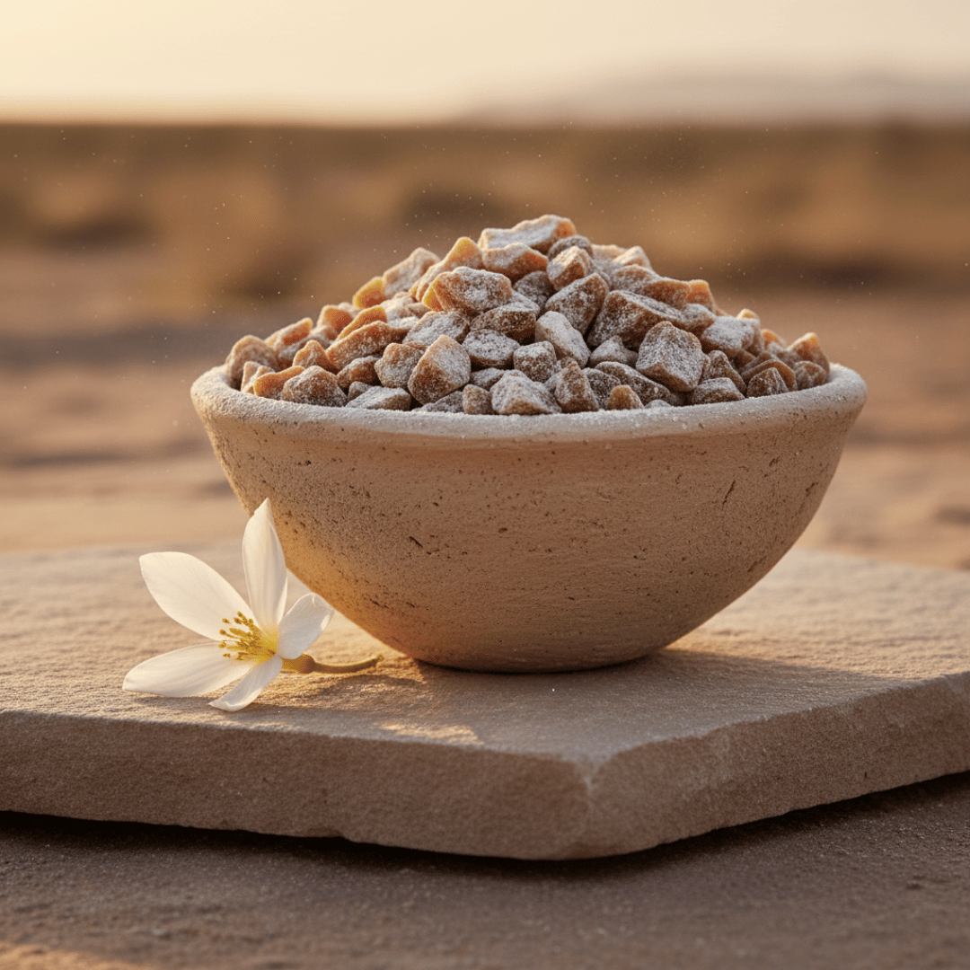 An unglazed earthenware bowl of handcrafted Desert Flower incense, resting on a sand-colored stone slab at sunset with a delicate white desert wildflower.