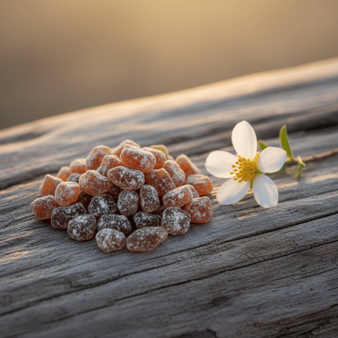 The inspiration for Desert Flower incense: a pile of the finished product on weathered driftwood next to a resilient desert wildflower at dusk.