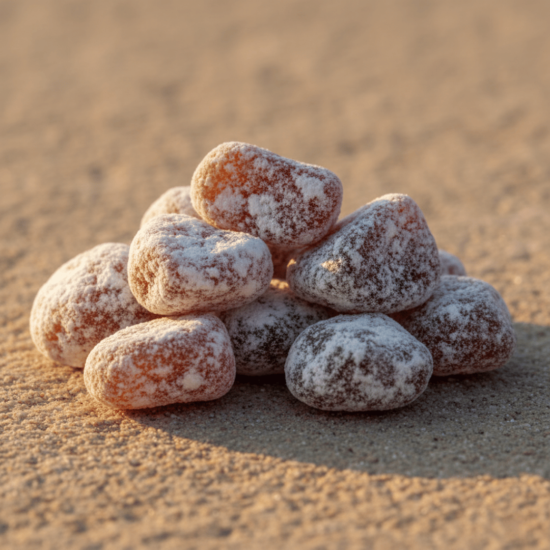 A macro, close-up shot of hand-cut Desert Flower incense, showing its magnesia coating on a coarse, sandy-textured stone.