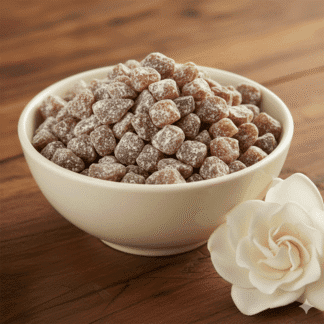 creamy-white ceramic bowl of handcrafted Gardenia incense, resting on an antique walnut surface with a beautiful gardenia blossom.