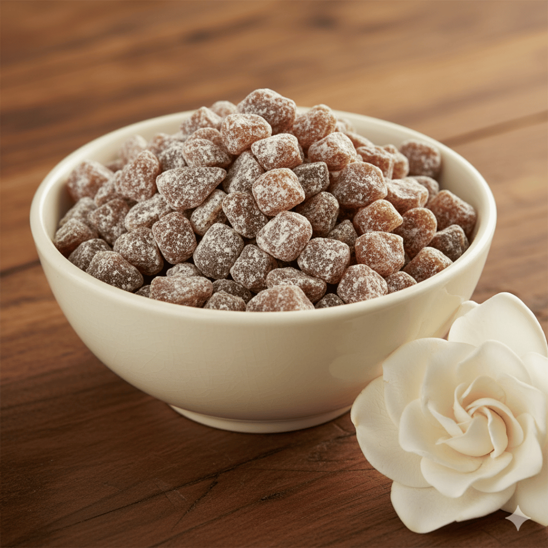 creamy-white ceramic bowl of handcrafted Gardenia incense, resting on an antique walnut surface with a beautiful gardenia blossom.