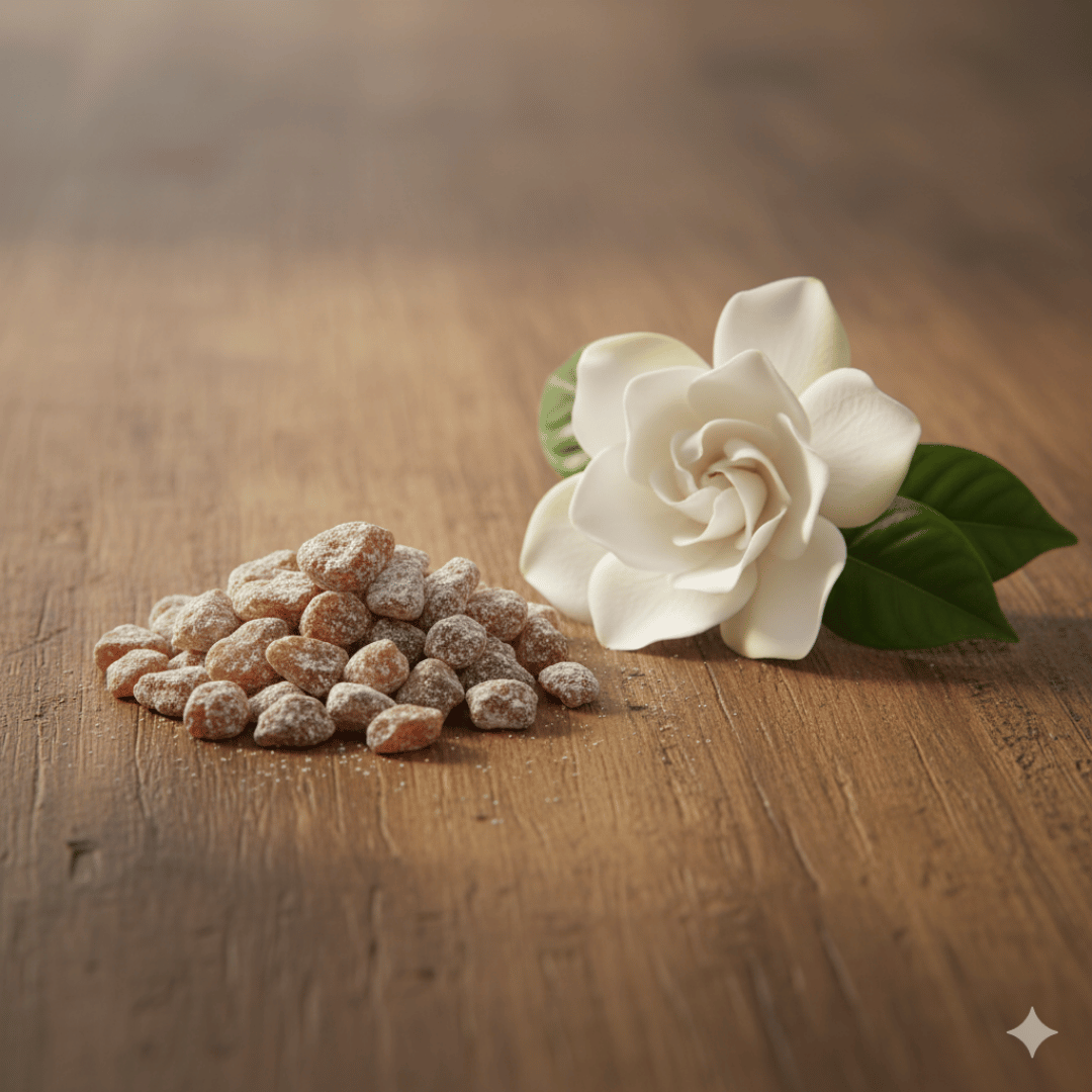 The inspiration for Gardenia incense: a pile of the finished product on dark, aged wood next to a creamy-white gardenia blossom and leaf.