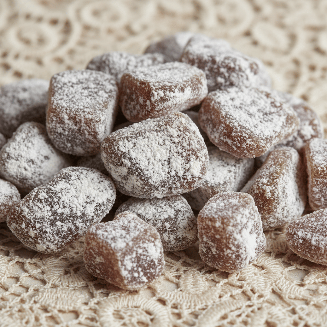 A macro, close-up shot of hand-cut Gardenia incense pieces, showing its magnesia coating on a piece of delicate, antique ivory lace.