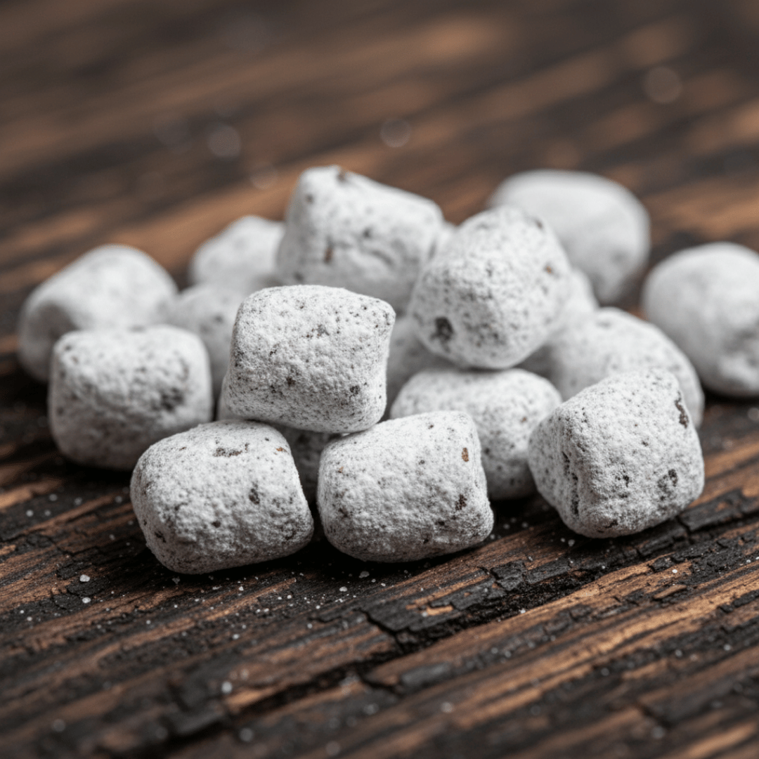An extreme macro shot of hand-cut Holy Cross incense, showing its magnesia coating on a weathered wood surface.