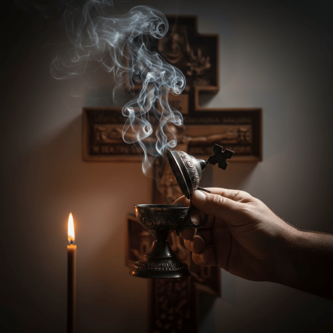 A close-up of a man's hand censing a large, beautiful wooden wall cross with a bronze katzion, the scene illuminated by a single candle.