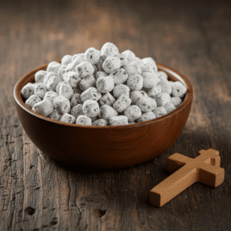 A shot of a wooden bowl of Holy Cross signature blend incense, with a handcrafted wooden blessing cross resting beside it.