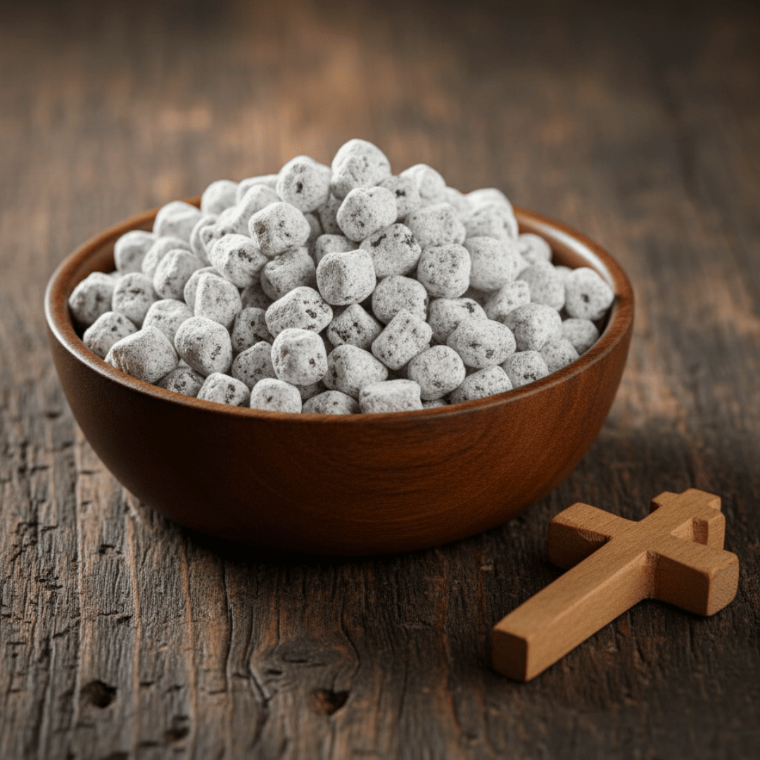 A shot of a wooden bowl of Holy Cross signature blend incense, with a handcrafted wooden blessing cross resting beside it.