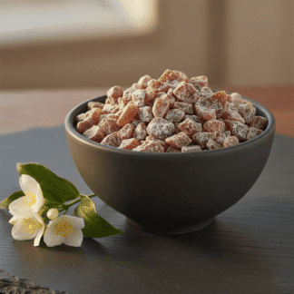 A dark grey ceramic bowl of handcrafted Jasmine incense, with a fresh vine of white jasmine blossoms resting beside it on a slate surface.