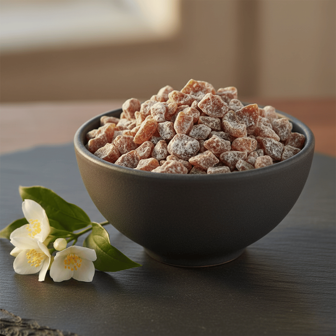 A dark grey ceramic bowl of handcrafted Jasmine incense, with a fresh vine of white jasmine blossoms resting beside it on a slate surface.