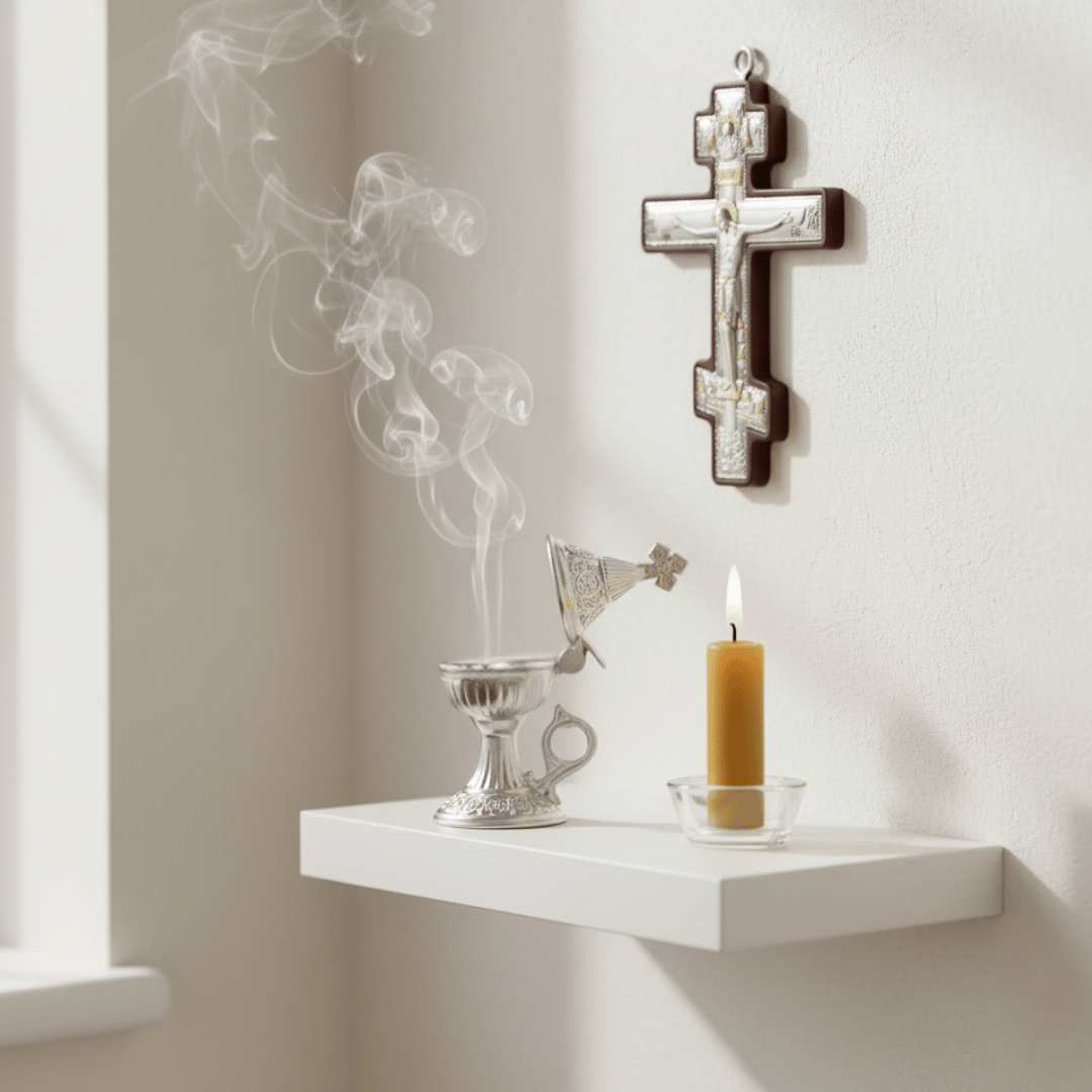 A beautiful silver katzion gently smoking with Lilac incense, resting on a white shelf next to a burning beeswax candle before a silver wall cross in bright morning light.