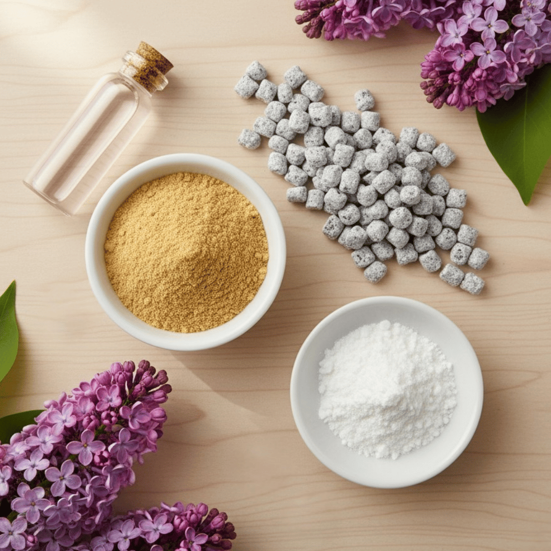 A beautiful flat-lay showing the origins of Lilac incense: frankincense powder, a lilac oil vial, magnesia, and the finished incense with fresh lilac blossoms.