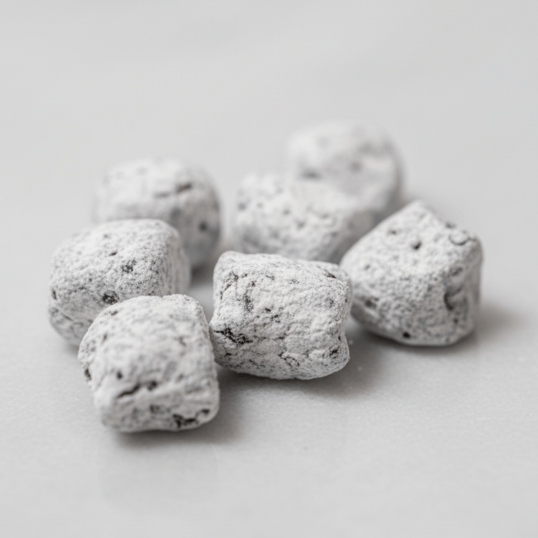 An extreme macro shot of hand-cut Lilac incense, showing its magnesia coating on a smooth, light grey stone surface.