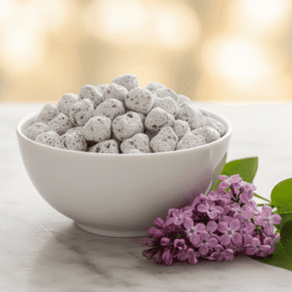 A white porcelain bowl of Lilac incense, with a fresh sprig of purple lilac blossoms beside it in bright morning light.