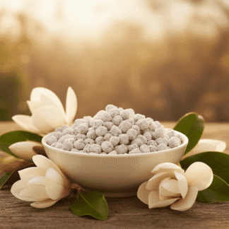 Magnolia incense in a porcelain bowl, on a wooden surface outdoors, surrounded by magnolia blossoms. In the background the late afternoon sun shines though a number of trees.