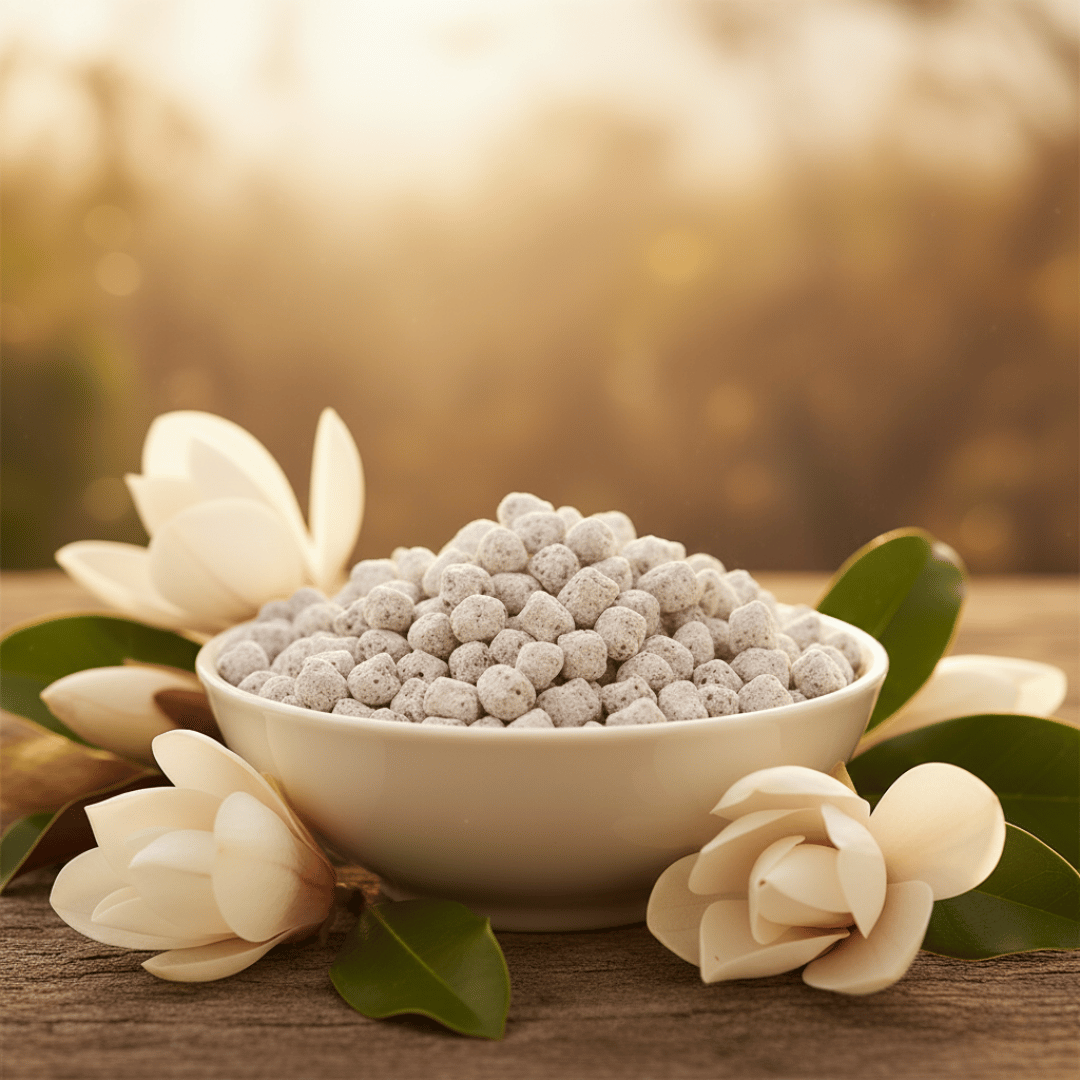 Magnolia incense in a porcelain bowl, on a wooden surface outdoors, surrounded by magnolia blossoms. In the background the late afternoon sun shines though a number of trees.