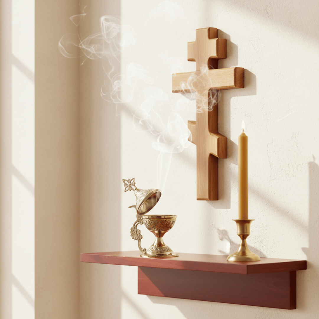 A polished brass katzion gently smoking on a mahogany shelf, placed before a wooden Orthodox wall cross. A beeswax candle burns next the incense.