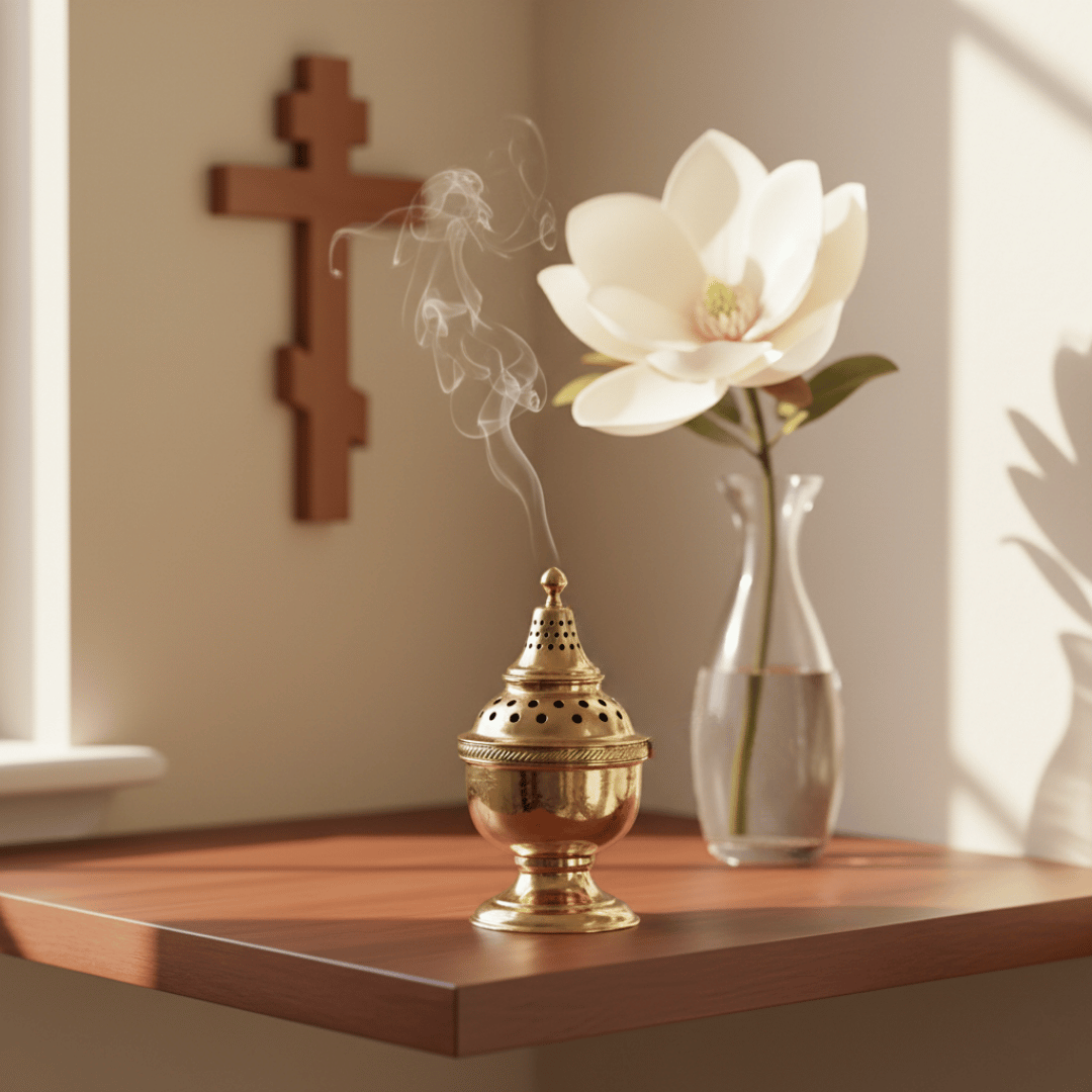 A polished brass hand-censer (katzion) smoking with Magnolia incense in a bright, stately prayer corner with a magnolia blossom in a vase.