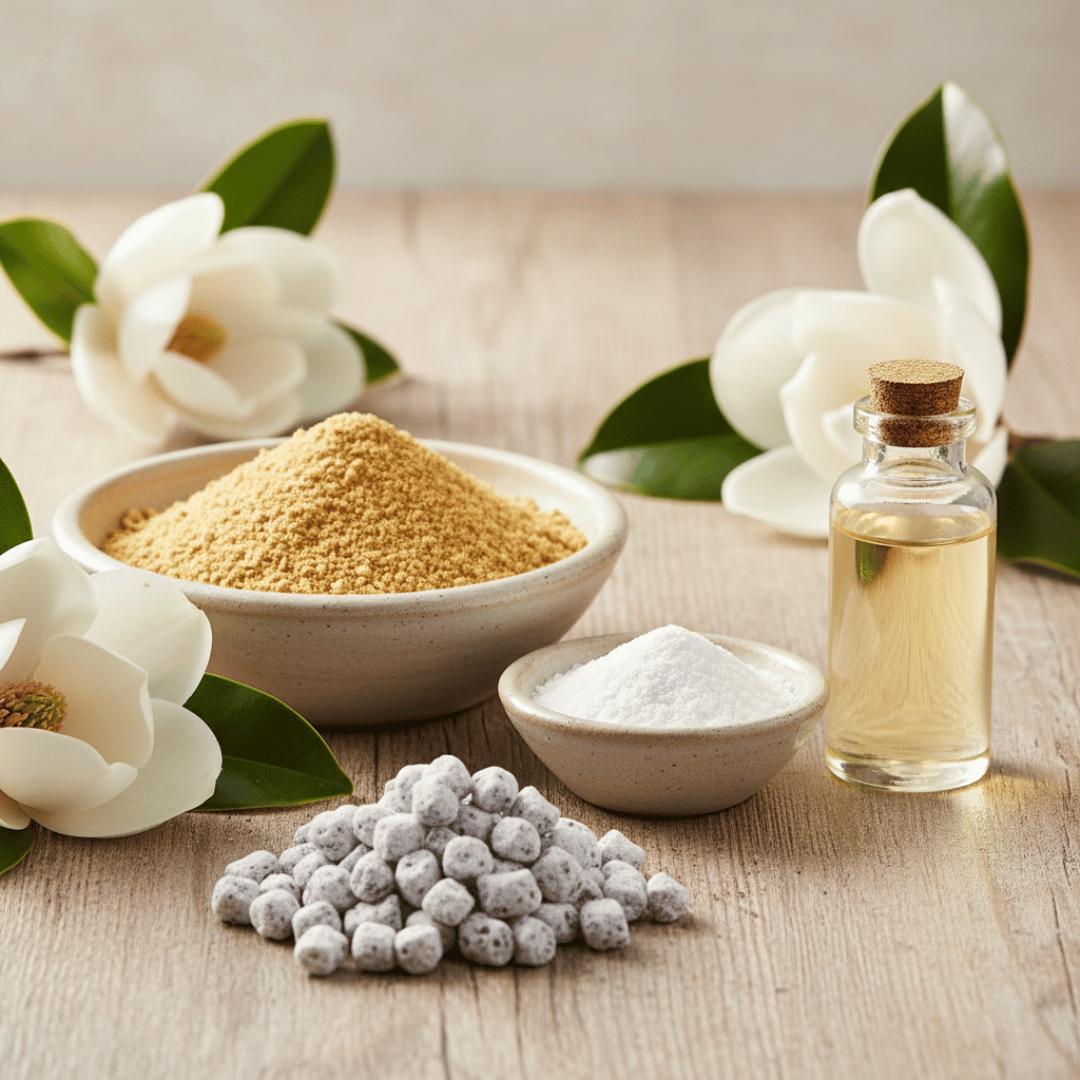 A beautiful flat-lay of the ingredients for Magnolia incense, including frankincense powder, magnesia, a vial of magnesia essential oil, and the finished incense, arranged with fresh magnolia flowers.