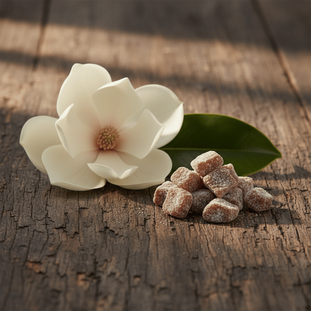 The inspiration for Magnolia incense: a pile of the finished product on dark wood next to a large magnolia blossom and a glossy green leaf.