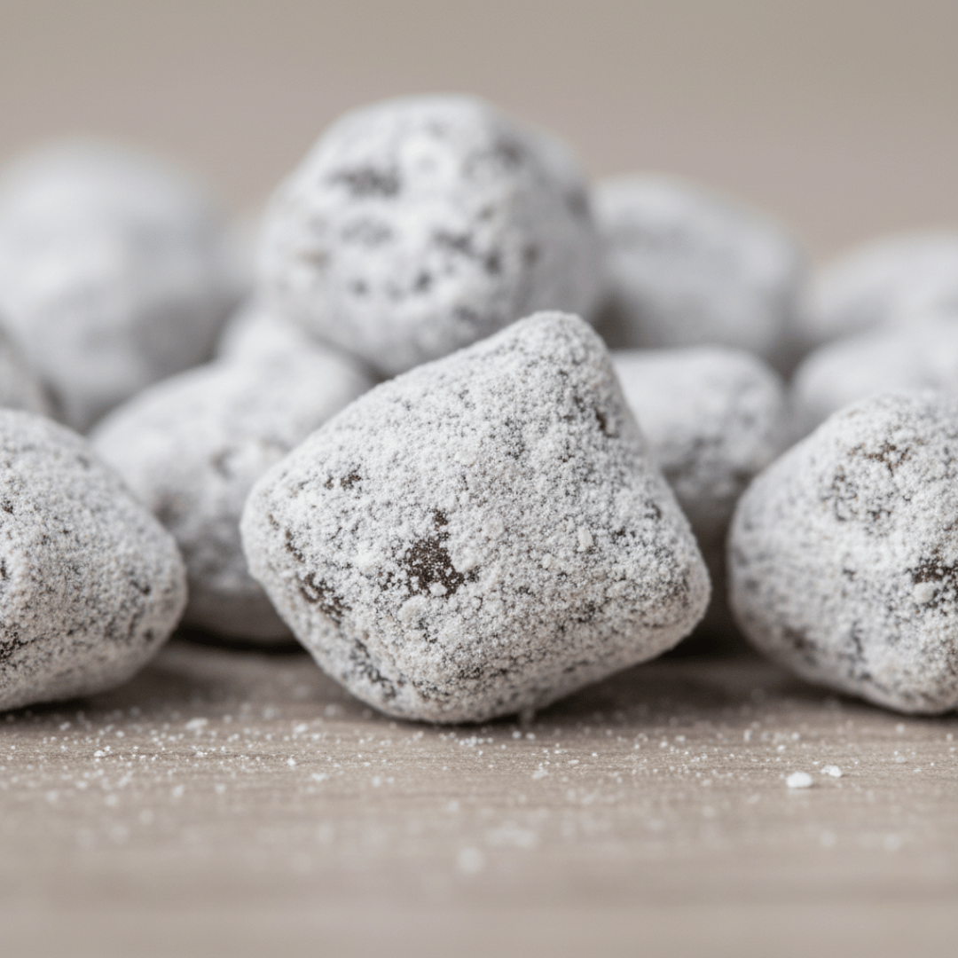A macro close-up of Magnolia incense pieces, showing their fine details and white magnesia coating.