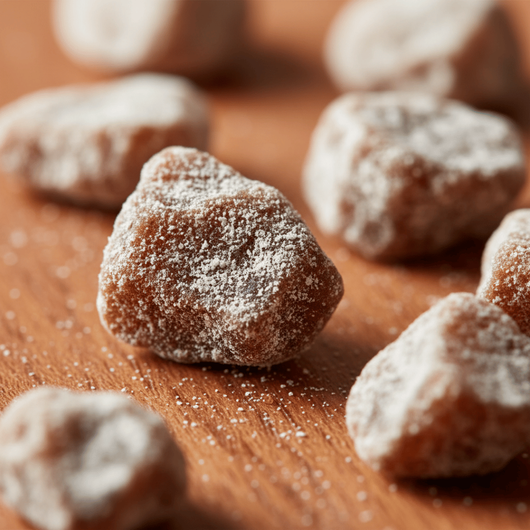 A macro, close-up shot of hand-cut Magnolia incense pieces, showing its magnesia coating on a warm, polished cherry wood surface.