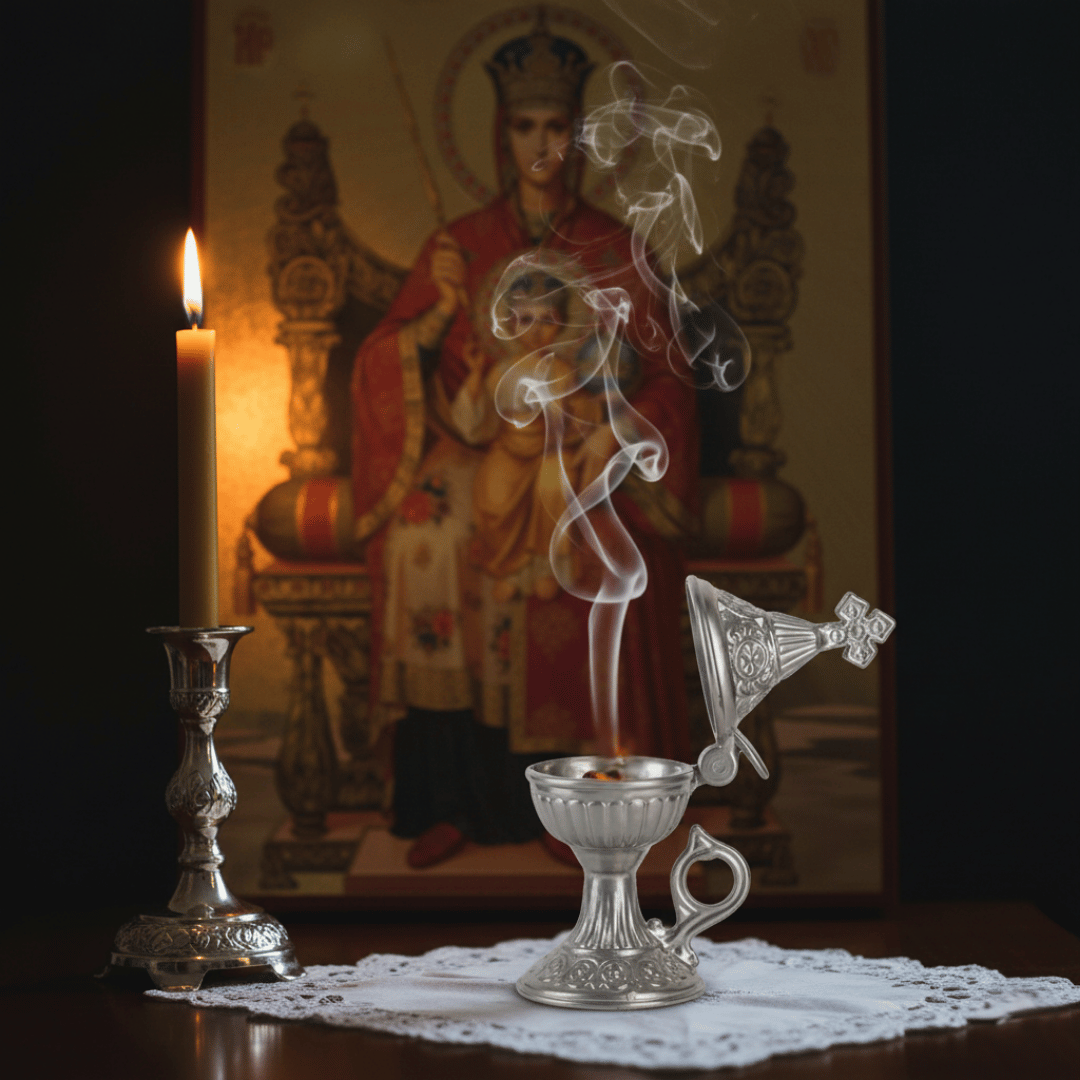 A beautiful silver katzion gently smoking with Marie Antoinette incense, resting on a prayer stand before an icon of the Theotokos, lit by a beeswax candle.