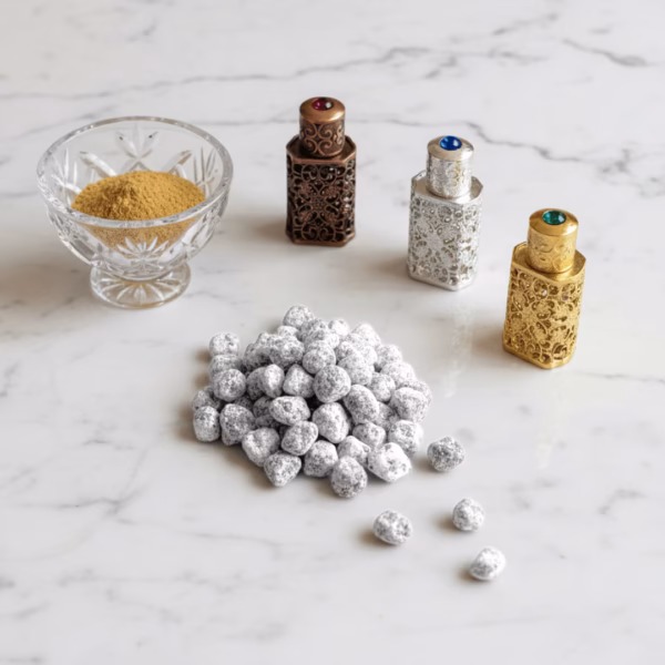 An elegant flat-lay showing the origins of Marie Antoinette incense: frankincense powder, our signature mix of essences, and the finished incense.