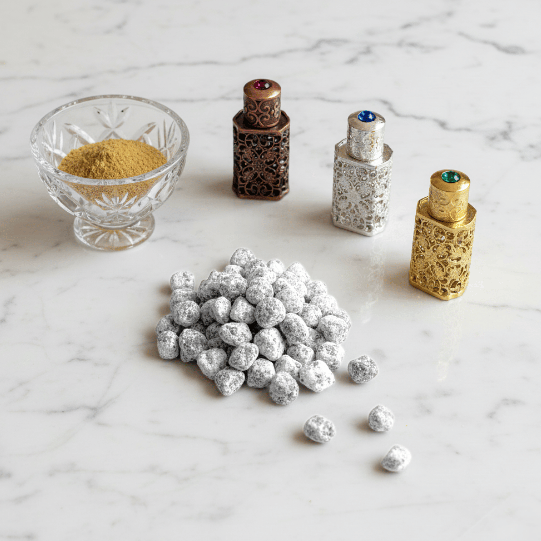 An elegant flat-lay showing the origins of Marie Antoinette incense: frankincense powder, our signature mix of essences, and the finished incense.