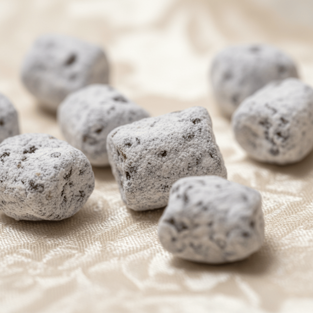An extreme macro shot of hand-cut Marie Antoinette incense, showing its magnesia coating on a shimmering cream silk fabric.