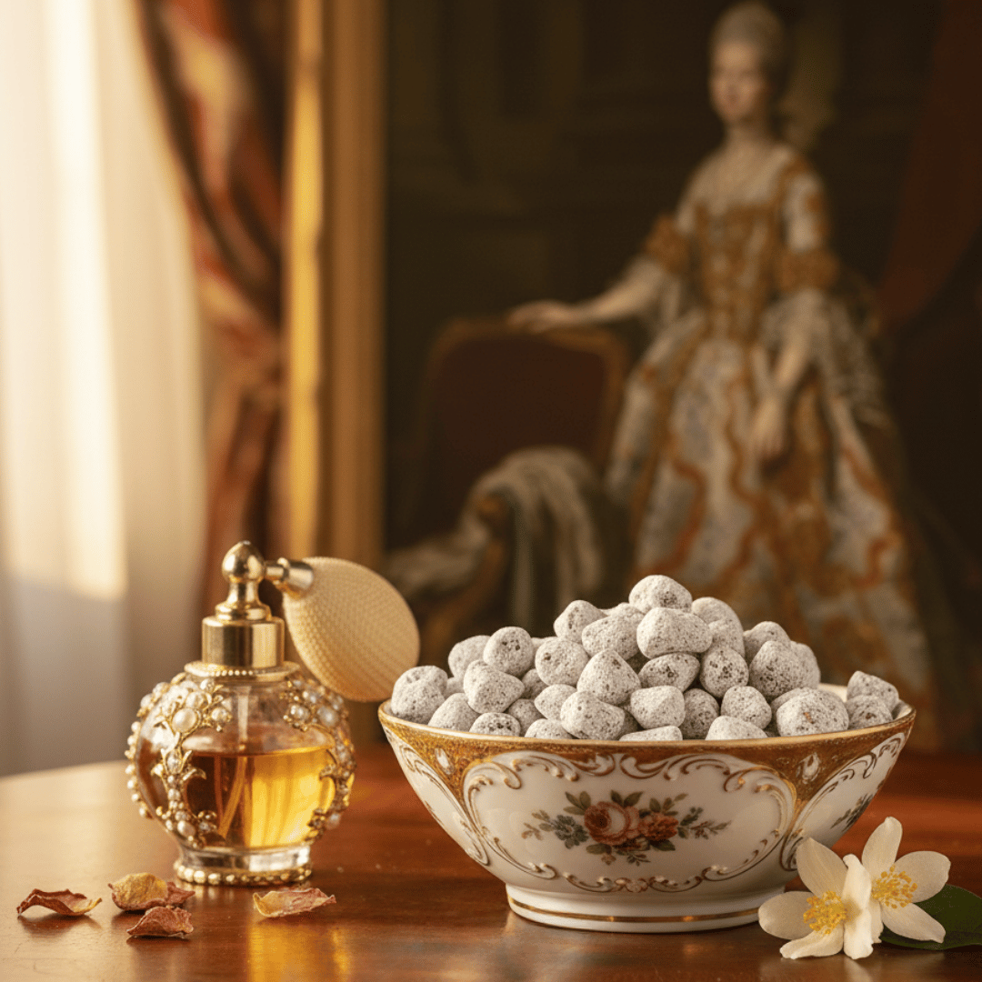 A fine porcelain bowl filled with Marie Atoinette Signature Blend incense sits next to a small baroque-style bottle of french perfume on a fine wooden table. A portrait of Marie Antoinette can be seen out of focus in the background.