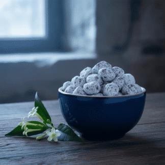 A small, deep blue ceramic bowl of handcrafted Night Flower incense, resting on a dark wood surface with a sprig of the night-blooming flower, lit by moonlight.