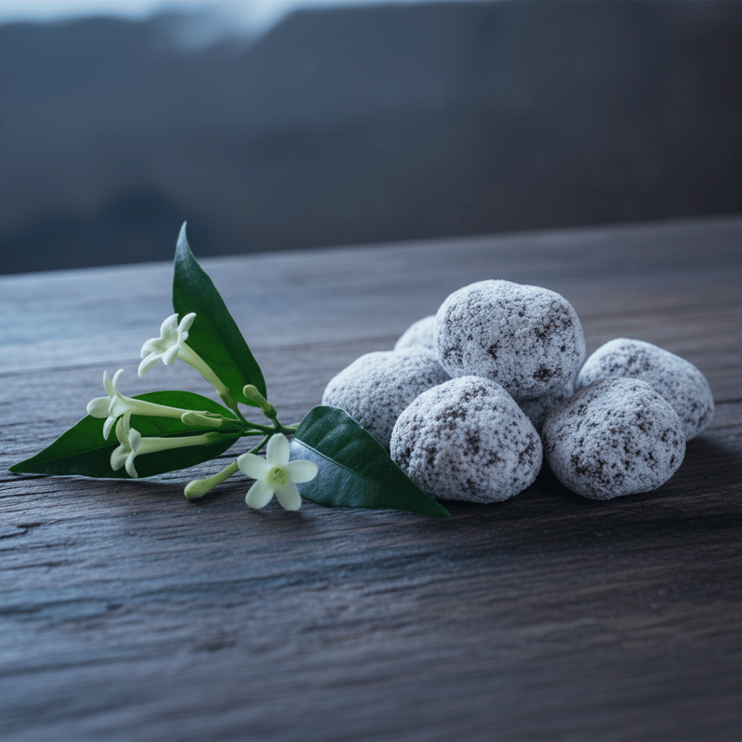 The inspiration for Night Flower incense: a pile of the finished product next to a sprig of the night-blooming Cestrum Nocturnum flower.