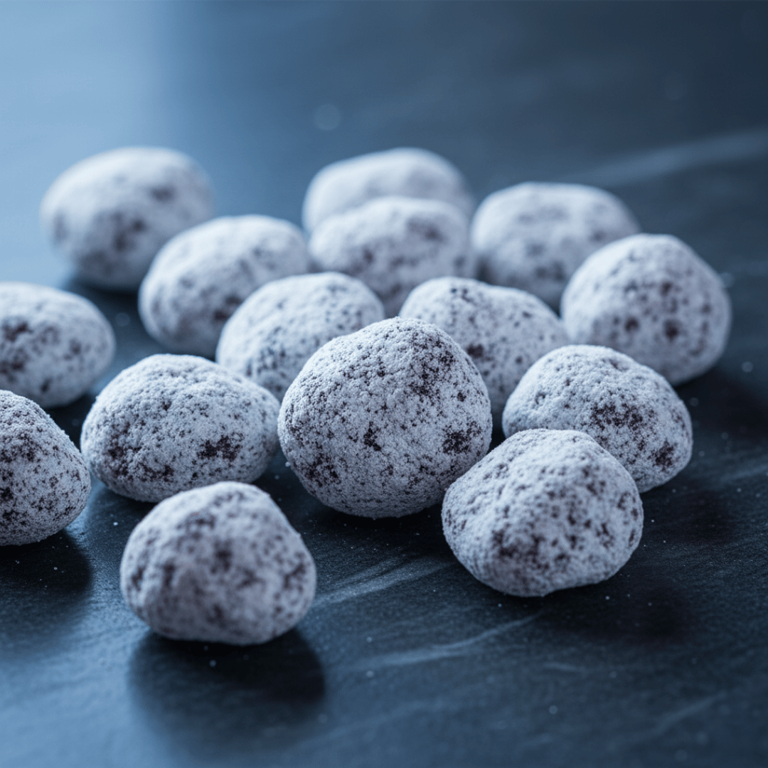 A macro, close-up shot of hand-cut Night Flower incense pieces, showing their magnesia coating on a dark basalt stone.