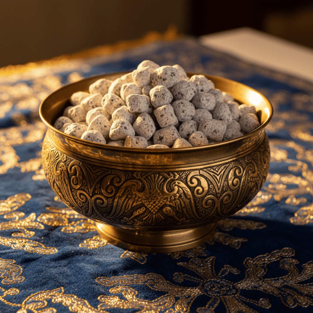 An ornate brass bowl of Byzantine incense, resting on a rich, royal blue and gold embroidered cloth.