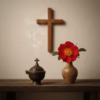 wild-rose-incense-in-use-devotion-2 A dark bronze hand-censer (katzion) smoking with Wild Rose incense in a quiet prayer corner with a rustic clay vase holding a single wild rose.