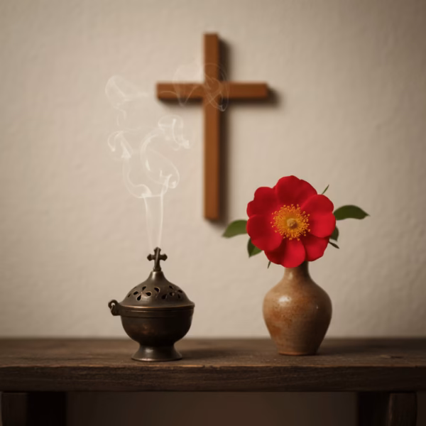 wild-rose-incense-in-use-devotion-2 A dark bronze hand-censer (katzion) smoking with Wild Rose incense in a quiet prayer corner with a rustic clay vase holding a single wild rose.