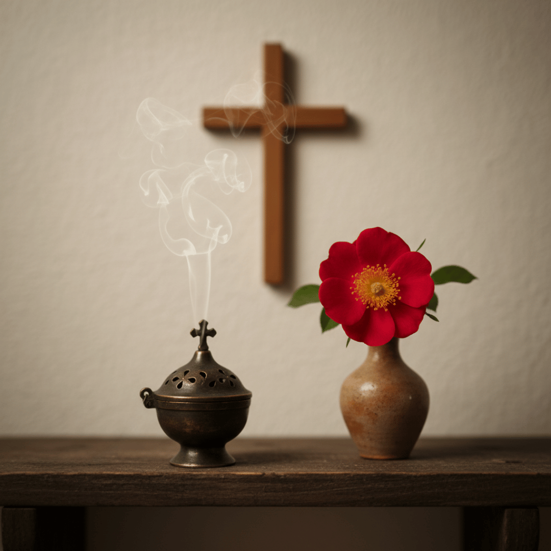 A dark bronze hand-censer (katzion) smoking with Wild Rose incense in a quiet prayer corner with a rustic clay vase holding a single wild rose.