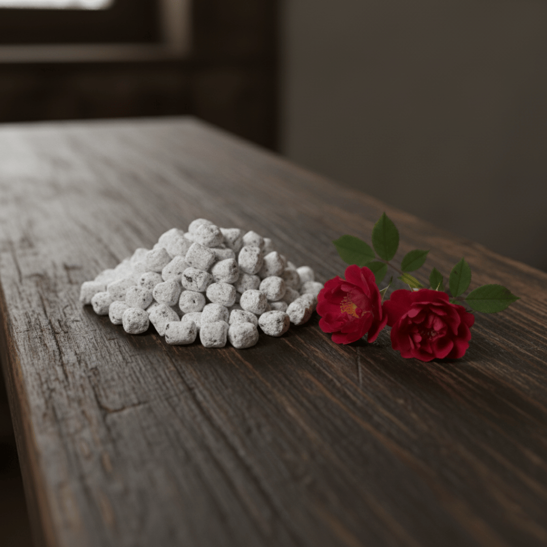 The inspiration for Wild Rose incense: a pile of the finished product next to a sprig from a wild rose bush with deep crimson blooms.