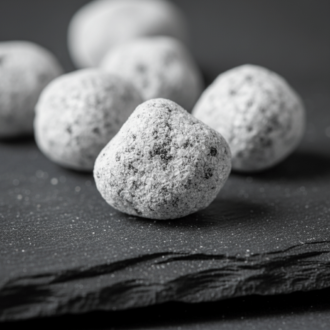 A macro, close-up shot of hand-cut Wild Rose incense, showing its magnesia coating and handcrafted texture on a dark slate surface.