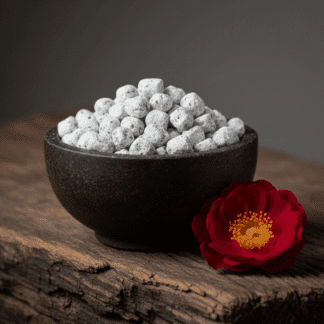 A dark soapstone bowl of handcrafted Wild Rose incense from the Treasury Collection, with a single, deep crimson wild rose beside it.