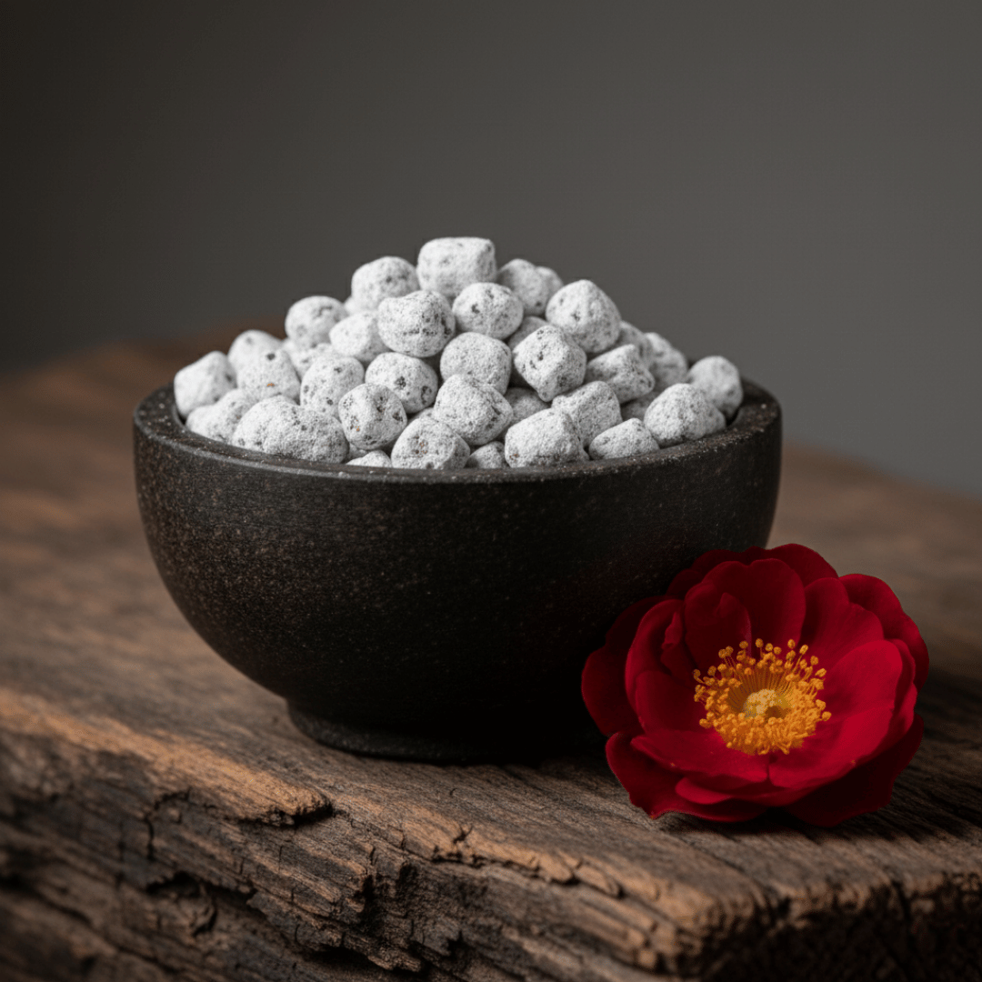A dark soapstone bowl of handcrafted Wild Rose incense from the Treasury Collection, with a single, deep crimson wild rose beside it.