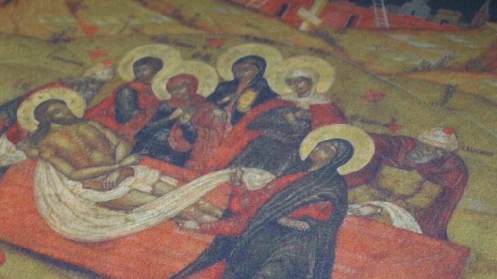 A close up of the Epitaphios scene depicted on our Sun and Moon Antimension.